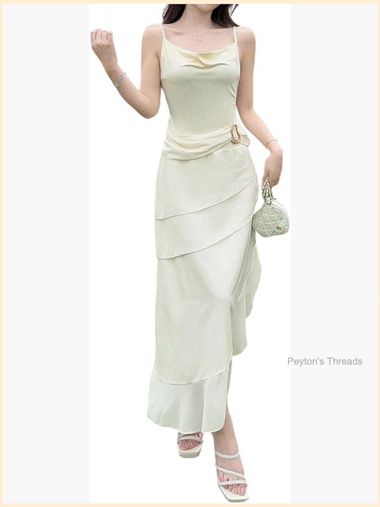 Spaghetti Strap Layered Ruffle Midi Cami Dress Cowl Neck Elegant Party Cocktail